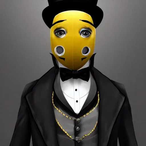 Image similar to a highly detailed portrait of a man in a high top hat covering his face, in a black tailcoat with a yellow waistcoat under the tailcoat, artstation, deviantart, professional, unreal engine 5, photorealistic