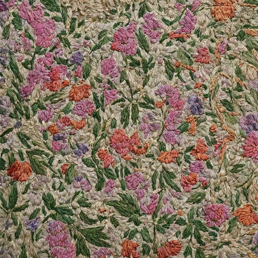 Prompt: a close up view of a wall with flowers on it, a detailed painting by master of the embroidered foliage, featured on behance, arts and crafts movement, intricate, ornate, made of flowers