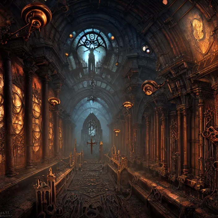 Image similar to steam necropolis, memento mori, gothic, neo - gothic, art nouveau, hyperdetailed copper patina medieval icon, stefan morrell, philippe druillet, ralph mcquarrie, concept art, steampunk, unreal engine, detailed intricate environment, octane render, moody atmospherics, volumetric lighting, ultrasharp, ominous, otherworldly