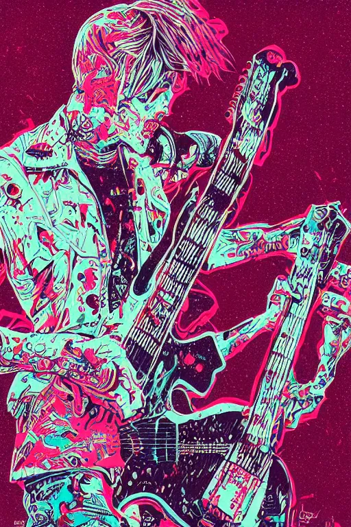 Image similar to risograph of a punk zombie playing guitar, tristan eaton, victo ngai, artgerm, rhads, ross draws, intricated details