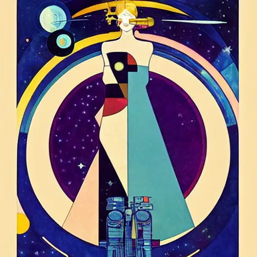 Image similar to Art by Coles Phillips, Portrait of Eva Green as Space Commander Zeta from the Year 3000, Mucha, Kandinsky, indigo, teal, gold