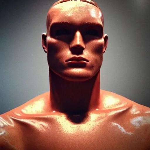 Prompt: “a realistic detailed photo of a guy who is an attractive humanoid who is half robot and half humanoid, who is a male android, boxer Canelo Álvarez, shiny skin, posing like a statue, blank stare”