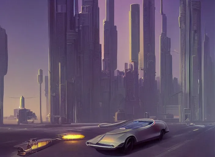 Image similar to a car driving down a street next to tall buildings the night at 8:00 am, cyberpunk art by Chesley Bonestell, cgsociety, retrofuturism, matte painting, reimagined by industrial light and magic