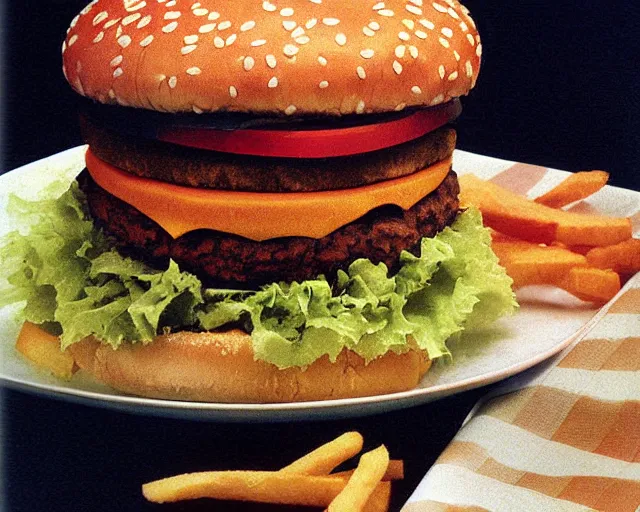 Prompt: 1970's cookbook color photograph of a big Mac with fries sharp detail high detail