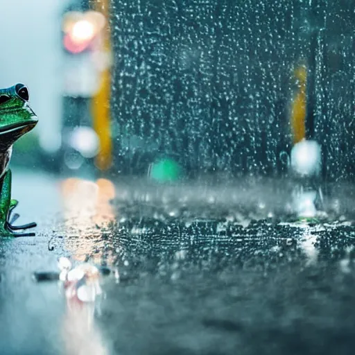 Prompt: photo, night, rain, modern street, light, close up the frog on wet road