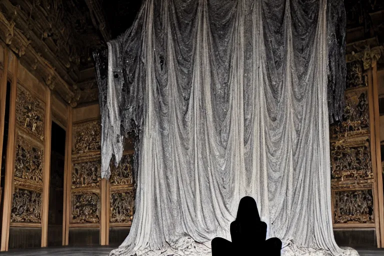 Image similar to vampire queen sitting on a throne in the abandoned buddhist temple, omnious, eerie, magnificent, wow, intricate, by nicola samori, by ryoji ikeda