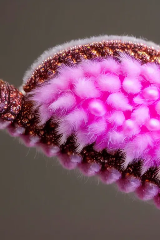 Image similar to high quality close-up photo pearlescent fluffy caterpillar! gorgeous highly detailed hannah yata elson peter cinematic pink lighting high quality low angle hd 8k sharp shallow depth of field