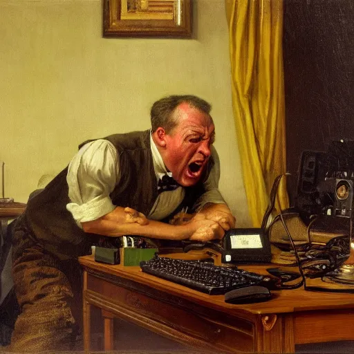 Image similar to an angry man yells at his computer monitor, oil on canvas, 1 8 8 3, highly detailed, high resolution