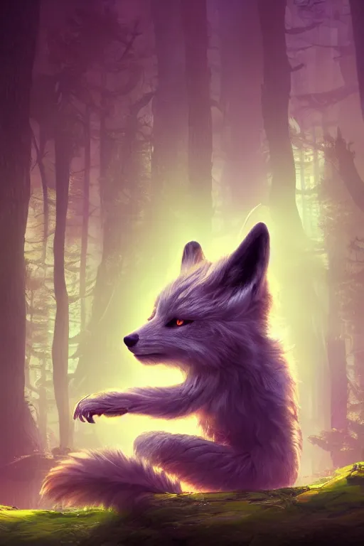 Image similar to a cyberpunk anthropomorphic fox with a fluffy tail in a forest, backlighting, cgi, rendered in unreal engine, trending on artstation, cartoon