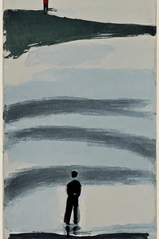 Image similar to man standing by a river, 1960’s minimalist advertising illustration, painterly, expressive brush strokes