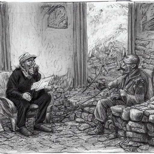 Prompt: old man telling story's about war next to a fireplace