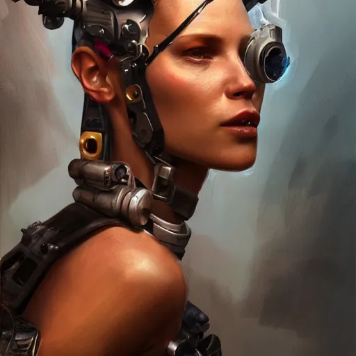 Image similar to tank girl, highly detailed, half human, half cyborg, power implants, full body transmogrify, beautiful, mesmerising, look of desire, loving stare, action shot, digital painting, trending on artstation, concept art, 4 k, sharp focus, illustration, art by greg rutkowski and magali villeneuve