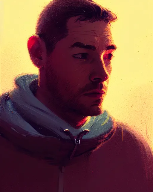 Prompt: tomorrowland, hyper - realistic portrait of a man in a hoodie, with detailed background, intricate, 4 k, by atey ghailan, by greg rutkowski, by greg tocchini, by james gilleard, by joe fenton, by kaethe butcher, dynamic lighting, lighting color scheme, sharp focus, grunge aesthetic