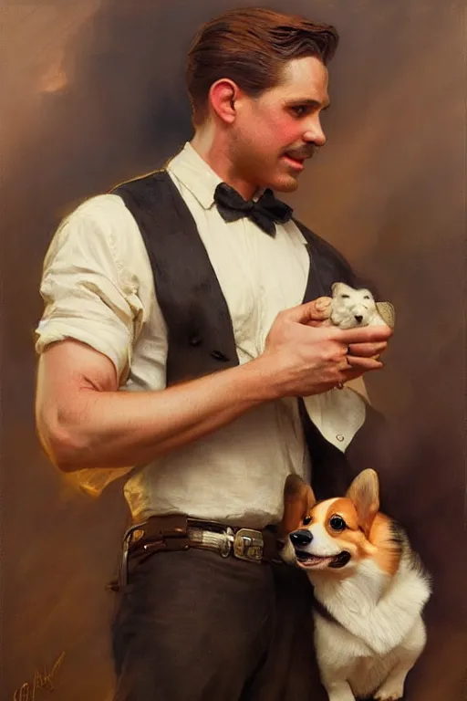 Prompt: attractive man holding a corgi matte painting by gaston bussiere, craig mullins, j. c. leyendecker, tom of finland