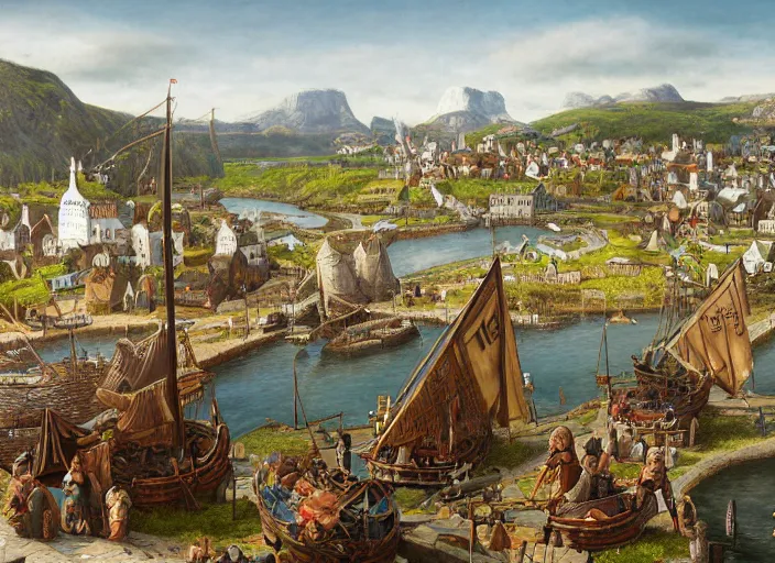 Prompt: a viking busy capital city with a harbor and viking ships in summer, lush vegetation, vikings, trading, ultra detailed, realistic, lost civilizations, masterpiece, 4 k, highly detailed, oil on canvas, smooth, illustration, painted by hans gude and adolph tidemand