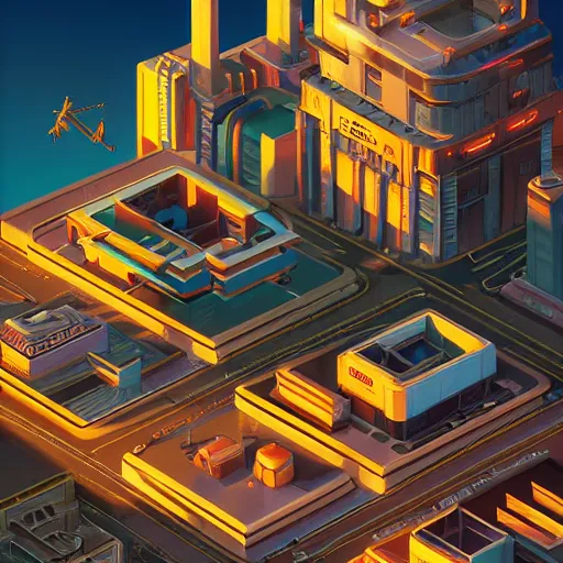 Image similar to isometric cybercity, golden hour by tyler edlin and petros afshar and christopher balaskas and marius borgeaud and kiliain eng, global illumination, ambient occlusion, 3 0 mm, well proportioned, highly detailed, rule of thirds