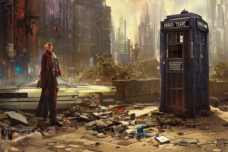 Image similar to photograph of a single tardis sat on the streets of a cyberpunk abandoned city, by greg rutkowski, by stanley artgerm, by alphonse mucha