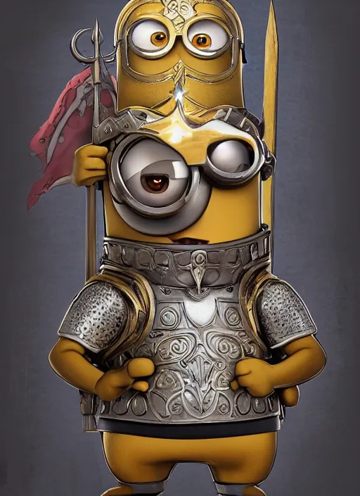 Image similar to Minion Bob as a Knight King, funny pose, fantasy art, intricate, ornate, Hyperdetailed, digital art, behance, artstation, smooth, illustration, digital painting, elegant, symmetrical,