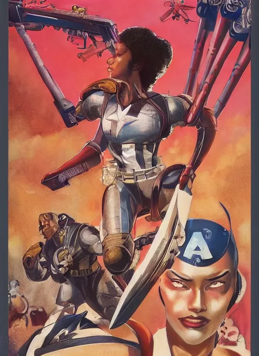 Image similar to beautiful black female captain america. afro - feminist captain america wins wwii. american wwii propaganda poster by james gurney, rob liefeld and pixar. gorgeous face. overwatch, realistic. black power