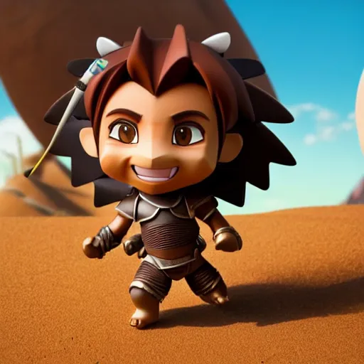 Image similar to antropomorphic knight lion warrior as nendoroid walking in a desert in the croods movie style, anime, disney, pixar, 8 k, hd, dof, kodak film, volumetric lighting, subsurface scattering, photorealistic, octane render, details