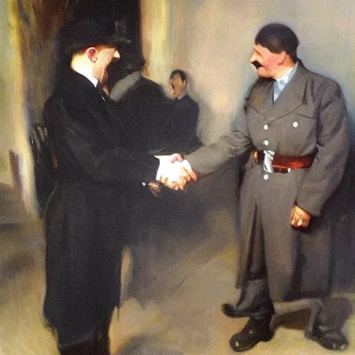 Prompt: painting of Jewish man shaking hands with hitler, John Singer Sargent style