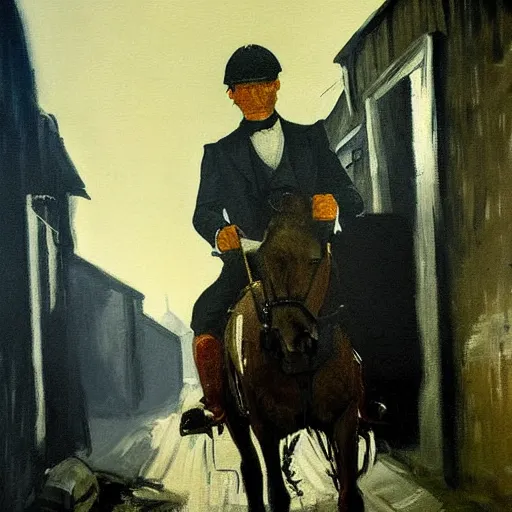 Image similar to painting of a man on a horse in an alleyway, Peaky Blinders (2018), painted by George Bellows