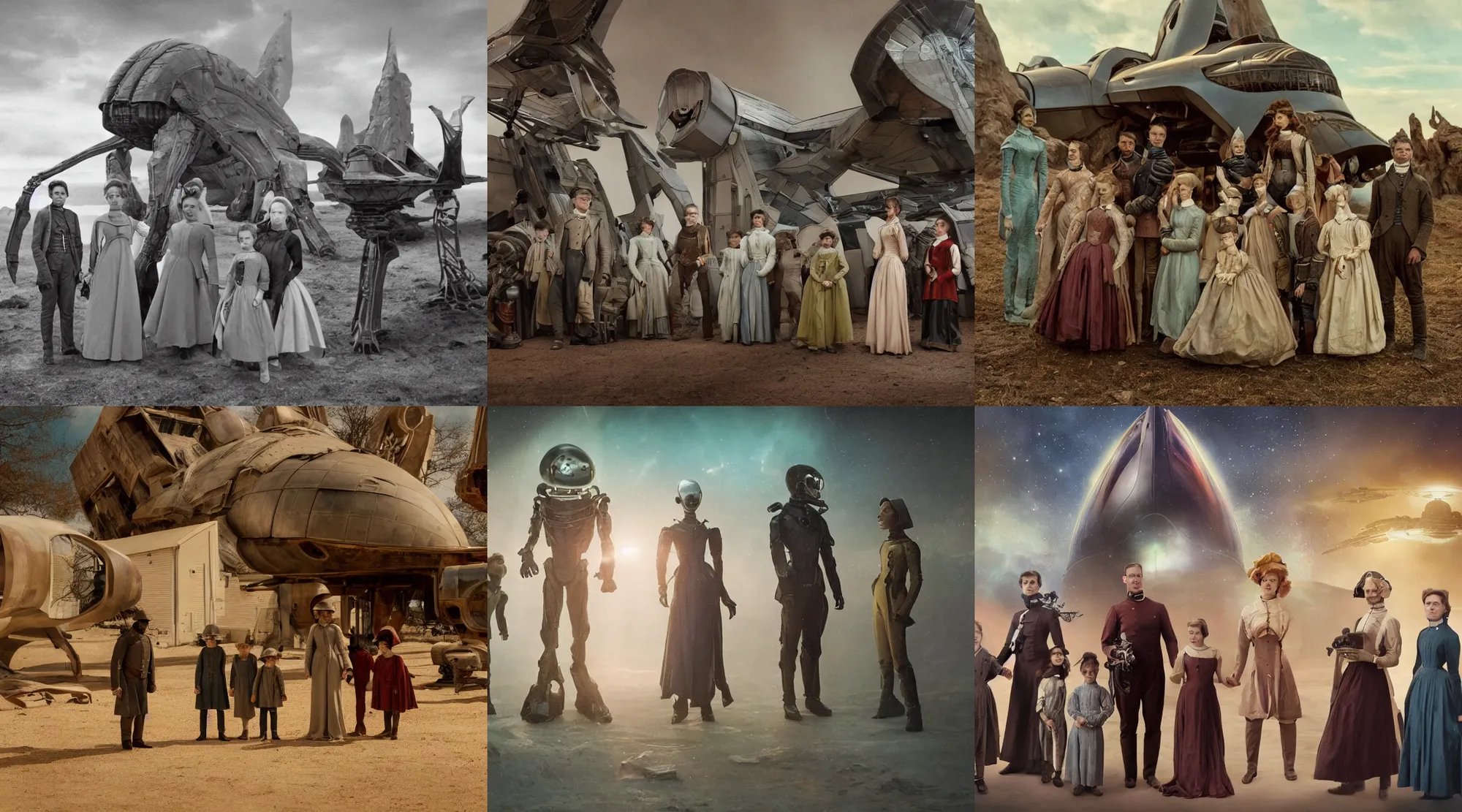 Prompt: sharp, still from a sci fi blockbuster color movie made in 2022, set in 1860, of a family standing in front of a spaceship that has just landed on an alien planet, a humanoid alien creature stands nearby, the family are all wearing 1850s era clothes, cinematic lighting, cinematic camera, 4k, in focus faces, extremely good quality lighting, good quality photography, A list cast, famous actors, famous actresses, oscar winner