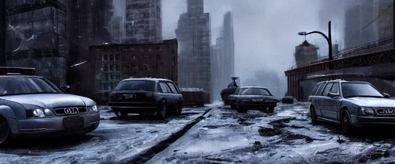 Image similar to Audi A4 B6 Avant (2002), a post apocalyptic, dramatic lighting, cinematic, establishing shot, extremly high detail, photorealistic, cinematic lighting, artstation, style by greg rutkowsky, Max Payne (2003) winter New York landscape