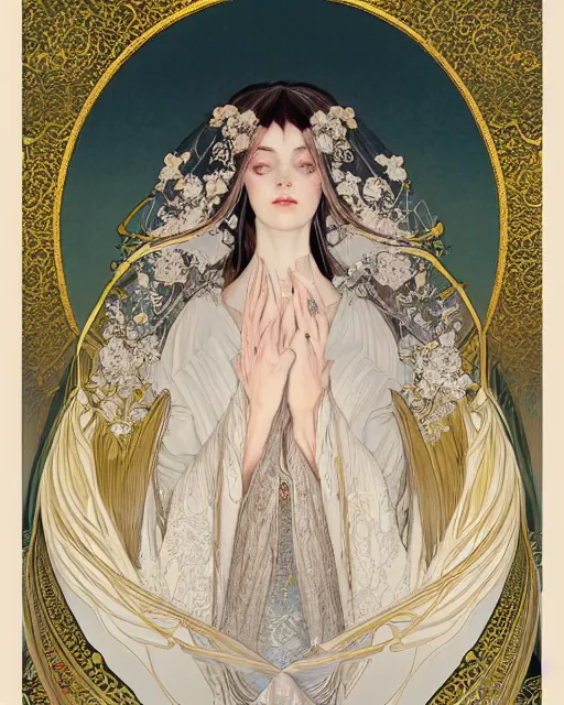 Prompt: portrait of a beautiful ethereal woman with pale hair and gold eyes wearing a flowing white and gold gown surrounded by wing motifs, ilya kuvshinov, greg rutkowski, alphonse mucha, kay nielsen, regal, elegant, detailed, digital painting, concept art