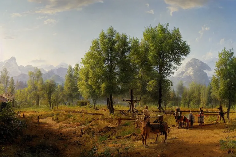 Image similar to A beautiful painting of a rural Westworld village by Ivan Shishkin, matte painting