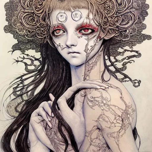 Image similar to prompt: Mysterious girl face painted in William Blake style drawn by Vania Zouravliov and Takato Yamamoto, intricate oil painting, high detail, Neo-expressionism, post-modern gouache marks on the side, gnarly details soft light, white background, intricate detail, intricate ink painting detail, sharp high detail, manga and anime 2000