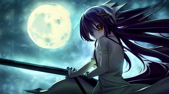 Prompt: Albedo Overlord laying down leaning against a scythe | Somber moon | wet Dungeon Chamber | Moonlit Night | strong blue rimlit | visual-key | anime illustration by Danmachi | highly detailed