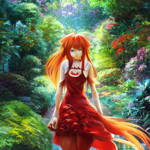 Image similar to asuka langley soryu wandering a garden by raymond swanland, highly detailed