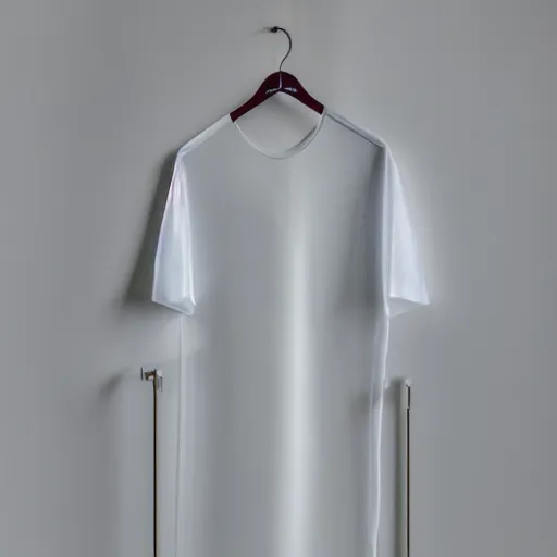 Image similar to an ultra high definition professional studio quality photograph of a transparent iridescent perspex pastel coloured t - shirt on a white coat hook in an empty white room. dramatic lighting, ray tracing, refraction, shallow d. o. f, colour corrected, golden ratio, three point light. volumetric shadows..