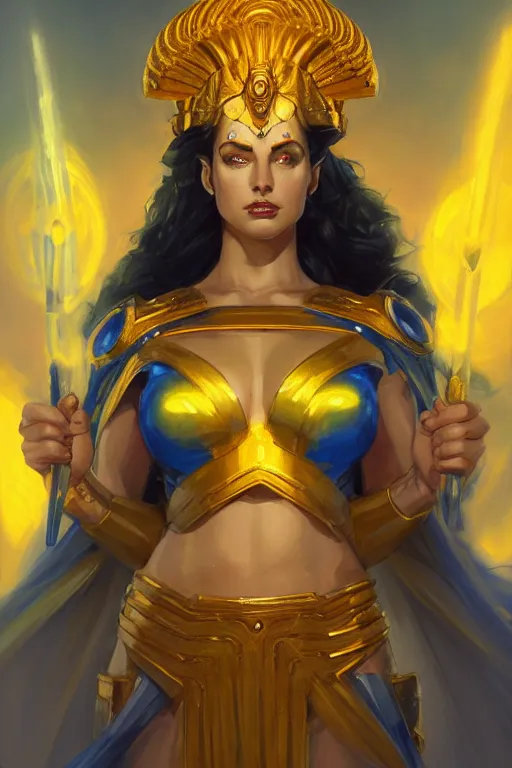 Image similar to The Godess Hera looking angry, radiating a glowing aura, detailed armor, portrait, highly detailed, digital painting, artstation, concept art, smooth, sharp focus, beautiful face, symmetric face, enchanted, official fanart, behance, HD, blue and yellow theme, by Jesper Ejsing