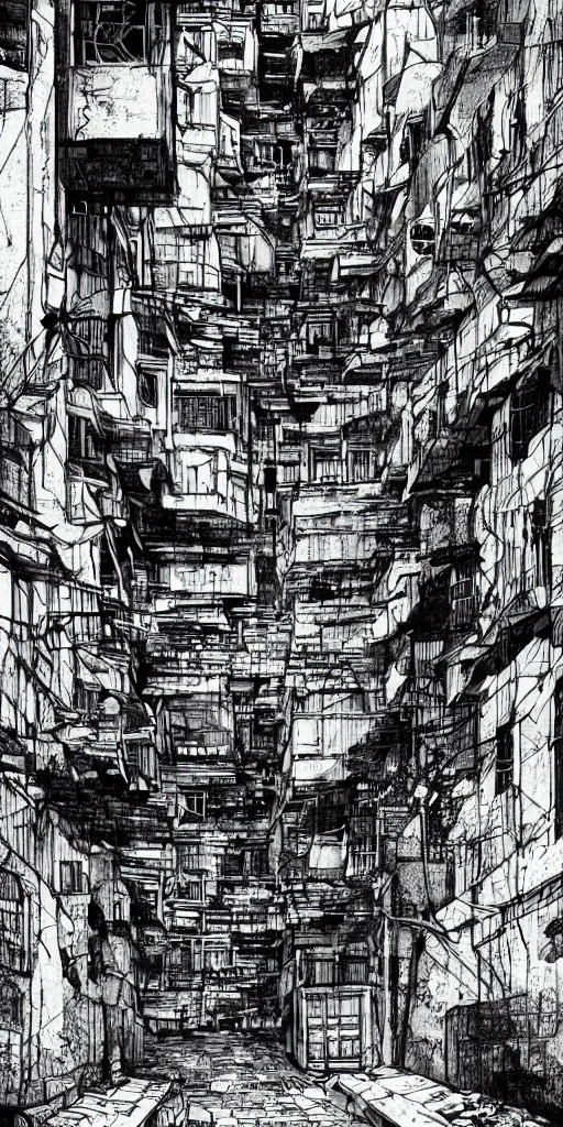 Prompt: abandoned old alleys in hong kong, epic vines, illustration by niko delort, black and white ink