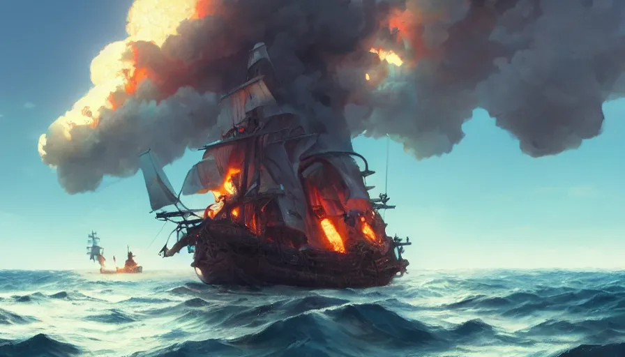 Prompt: A highly detailed matte painting of pirate ship battle in the ocean, pirate ship on fire, huge fire smoke and explosions, by Studio Ghibli, Makoto Shinkai, by Greg Rutkowski, by Artgerm, by beeple, volumetric lighting, octane render, 4K resolution, trending on artstation, masterpiece