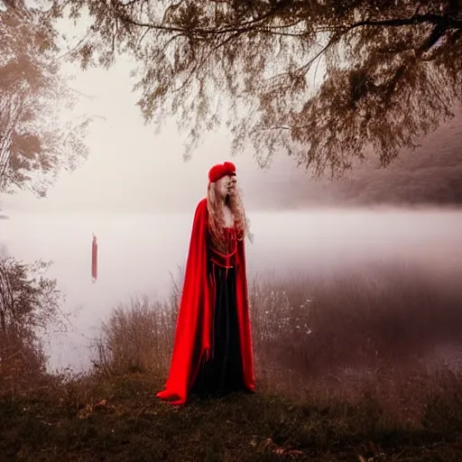 Prompt: beautiful lady with white long hair and dressed with a red victorian cloak, standing in a lake, mist, morning light, dreamy atmosphere, cinematic