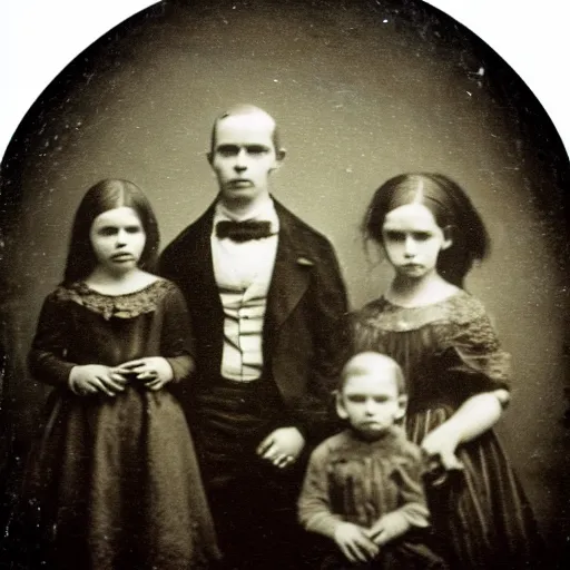 Image similar to Creepy cursed daguerreotype portrait photo of a 1800's family standing in front of house, alien abduction. Hyperrealism. Weirdcore