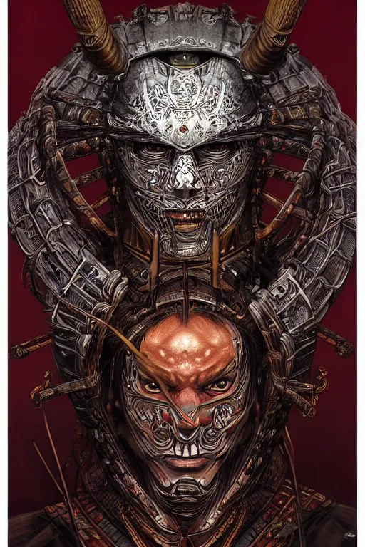 Image similar to digital face portrait painting of a male samurai warrior magus by yoshitaka amano, victo ngai, terese nielsen, samurai armour by h. r. giger, in the style of dark - fantasy, intricate detail, skull motifs, red, bronze, artgerm