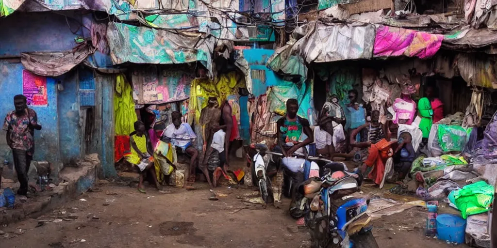 Image similar to lUFO in Ajegunle slums of lagos beaming neon rays of light,