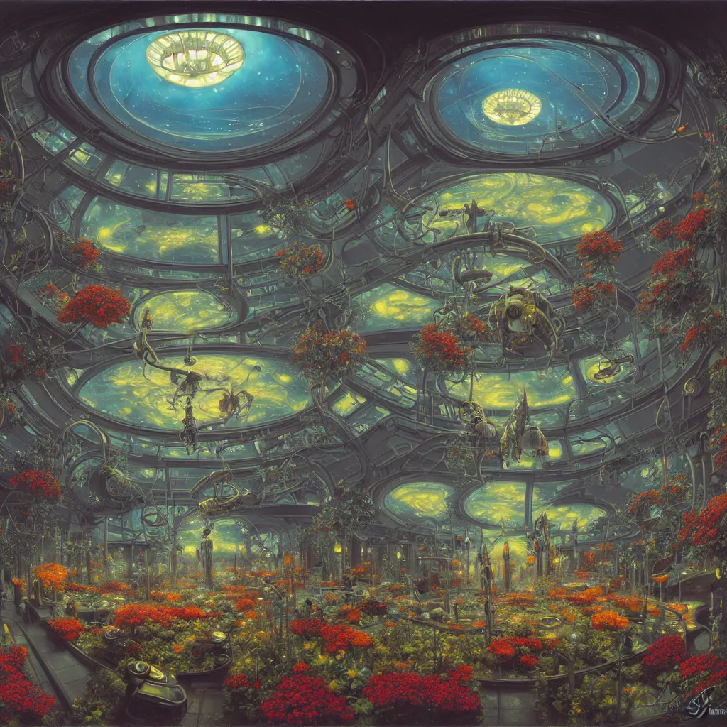 Image similar to fish eye lens a bright minimalist bioluminescent oil painting by donato giancola, warm coloured, cinematic scifi luxurious futuristic foggy steam filled victorian garden mall interior with microscopy radial windows flowers growing out of pretty bulbous ceramic fountains, gigantic pillars and flowers, maschinen krieger, beeple, star trek, star wars, ilm, atmospheric perspective