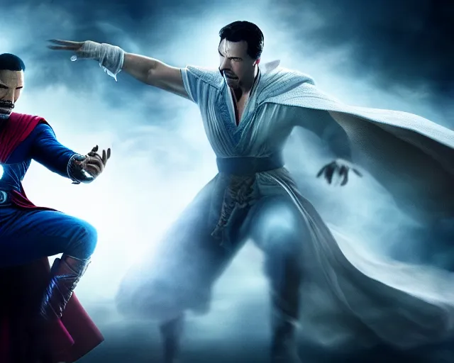 Image similar to still of moon knight vs dr. strange, in the tv marvel movie moon knight, photorealistic, real life, hdr soft focus, long exposure
