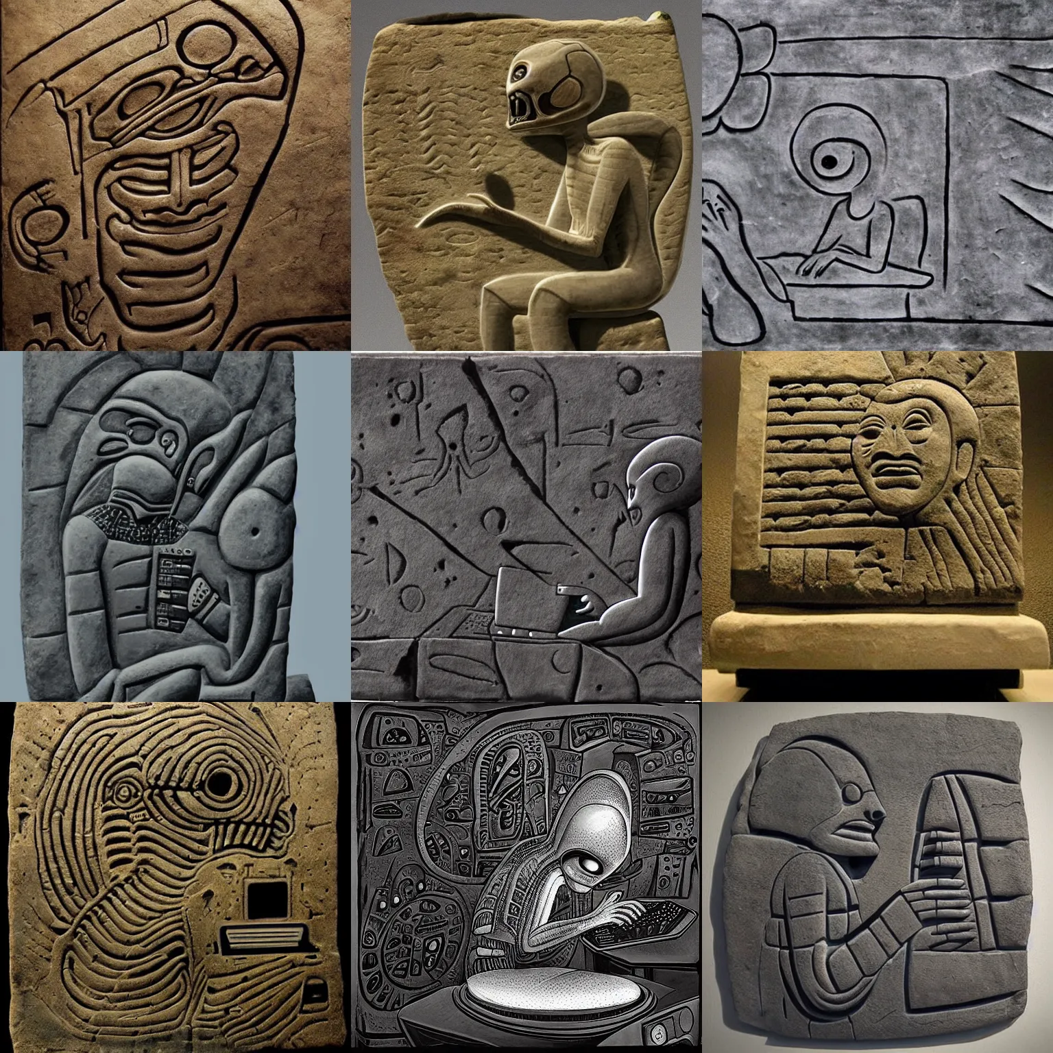 Prompt: an alien working on a computer, ancient sumerian stone wall carving, hyper - realistic, extremely detailed
