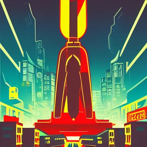 Prompt: rocket standing on a street in the middle of a cyberpunk city, neon signs, 1 9 7 0 s poster, psychedelic, minimalism, clouds, night time, dramatic lighting, flat design, flat colors, in the style of a soviet propaganda poster