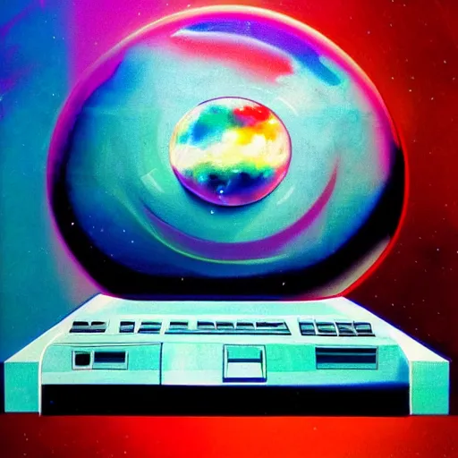 Prompt: 8 0 s airbrushed portrait of a desktop computer above a chrome moon, 8 0 s art, vintage, airbrush, bright colors, grainy, retro, behance, magazine