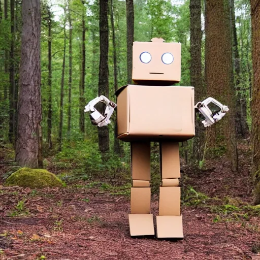 Image similar to robot made of a cardboard box, walking through the forest