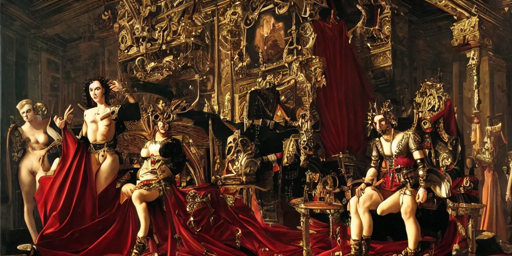 Prompt: epic, low angle, digital painting, of a 1 7 th century, decadent, cyborg king holding court in his throne room, dark hair, piercings, amber jewels, baroque, ornate dark red opulent clothing, scifi, futuristic, realistic, hyperdetailed, concept art, art by caravaggio, masterpiece