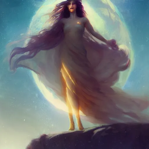 Prompt: A beautiful woman with long, flowy hair standing on a rock, witnessing two planets colliding in space. illustrated by Greg Rutkowski and Gaston Bussiere, trending on artstation, artstation futurism, artstation photography, subsurface scattering, bottom view, 4k, 8k