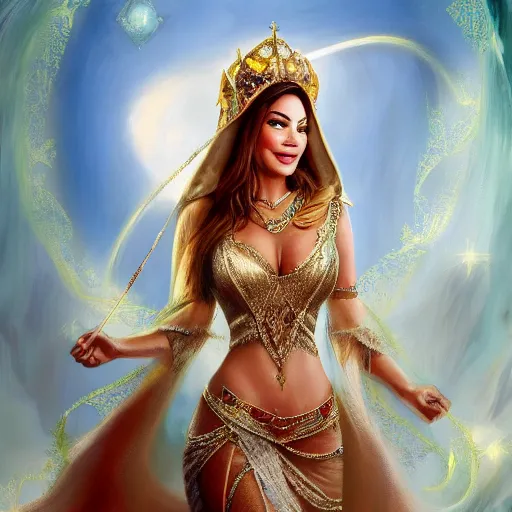 Image similar to a portrait of sofia vergara as an arabian princess in a disney movie, crown!! oil painting, pale colors, high detail, 8 k, wide angle, trending on artstation,